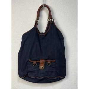 Max&Co Hobo Bag Blue‎ Denim Leather Handbag Hippie Grunge Retro 2 Handles Purse